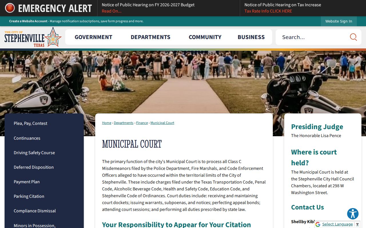 Stephenville court records jurisdiction and response instructions